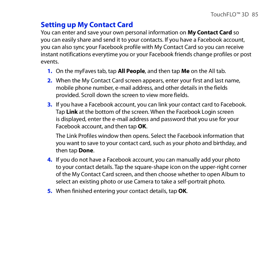 HTC RHOD210 user manual Setting up My Contact Card, When finished entering your contact details, tap OK 