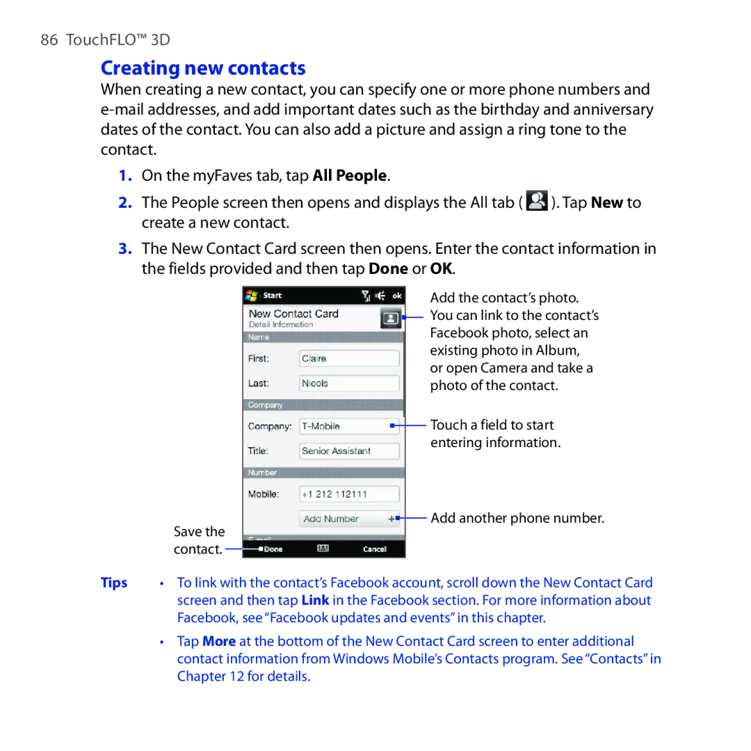 HTC RHOD210 user manual Creating new contacts 