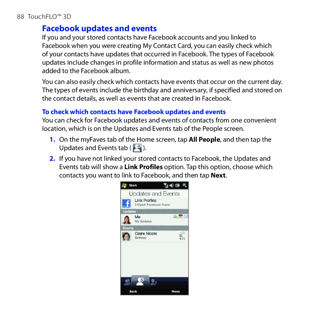 HTC RHOD210 user manual To check which contacts have Facebook updates and events 