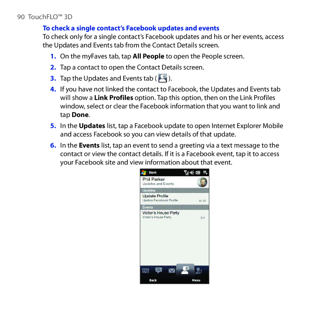 HTC RHOD210 user manual To check a single contact’s Facebook updates and events 