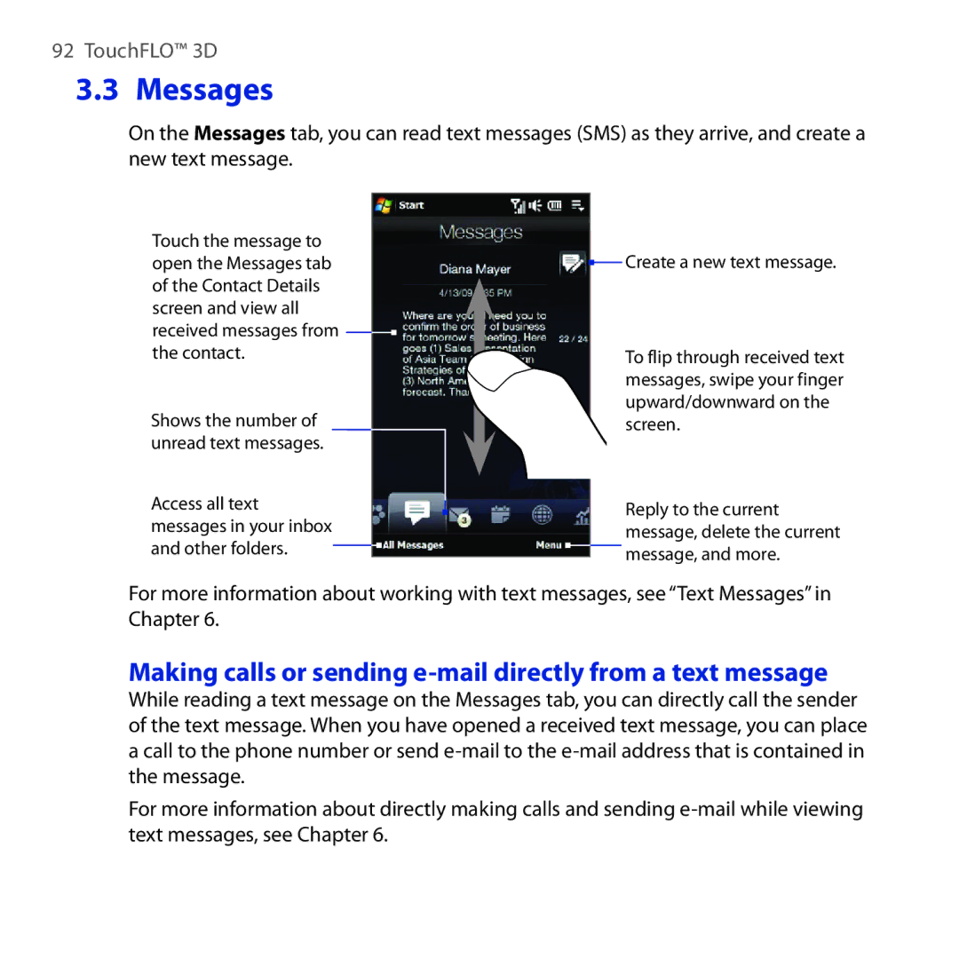 HTC RHOD210 user manual Messages, Making calls or sending e-mail directly from a text message 