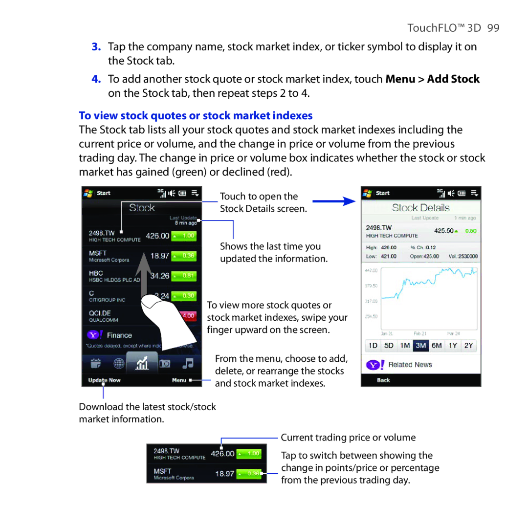 HTC RHOD210 user manual To view stock quotes or stock market indexes 