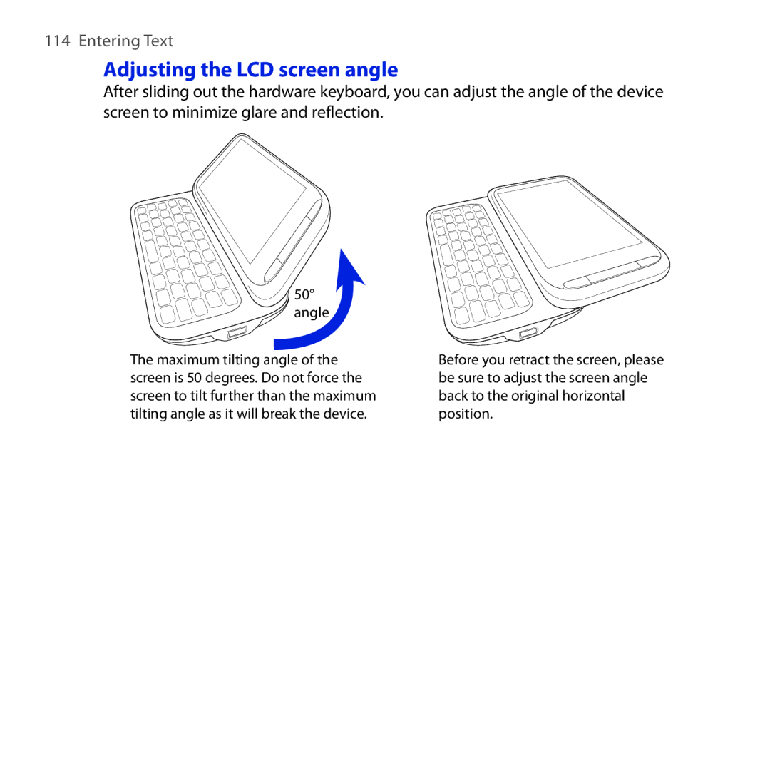 HTC RHOD300, HTC Tilt 2, NM8RHOD00 user manual Adjusting the LCD screen angle, Angle 