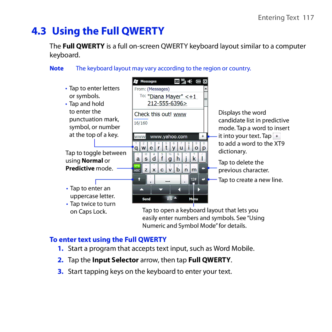 HTC RHOD300 Using the Full Qwerty, To enter text using the Full Qwerty, Tap the Input Selector arrow, then tap Full Qwerty 