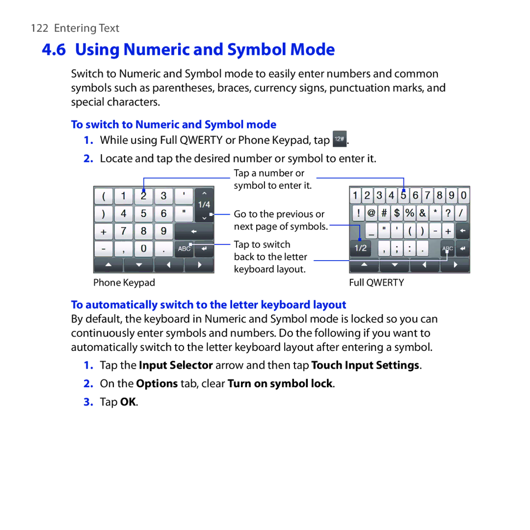 HTC NM8RHOD00, RHOD300, HTC Tilt 2 user manual Using Numeric and Symbol Mode, To switch to Numeric and Symbol mode 