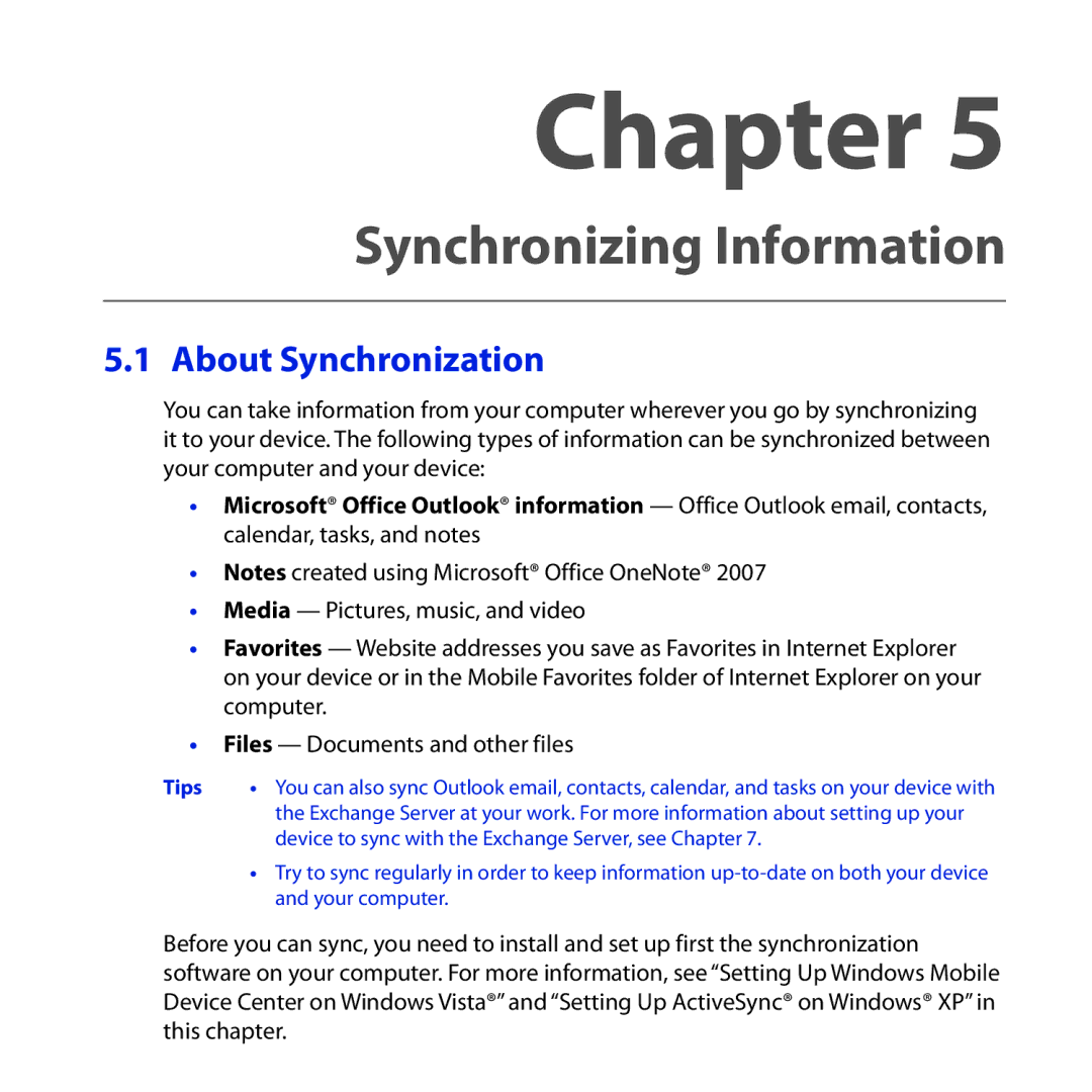 HTC RHOD300, HTC Tilt 2, NM8RHOD00 user manual Synchronizing Information, About Synchronization 