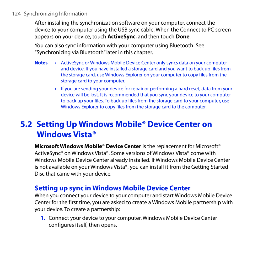 HTC HTC Tilt 2 Setting Up Windows Mobile Device Center on Windows Vista, Setting up sync in Windows Mobile Device Center 