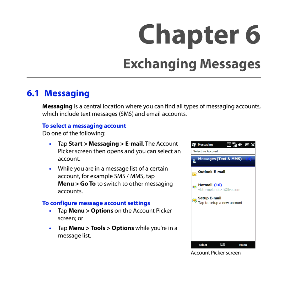 HTC HTC Tilt 2, RHOD300, NM8RHOD00 Messaging, To select a messaging account, To configure message account settings 