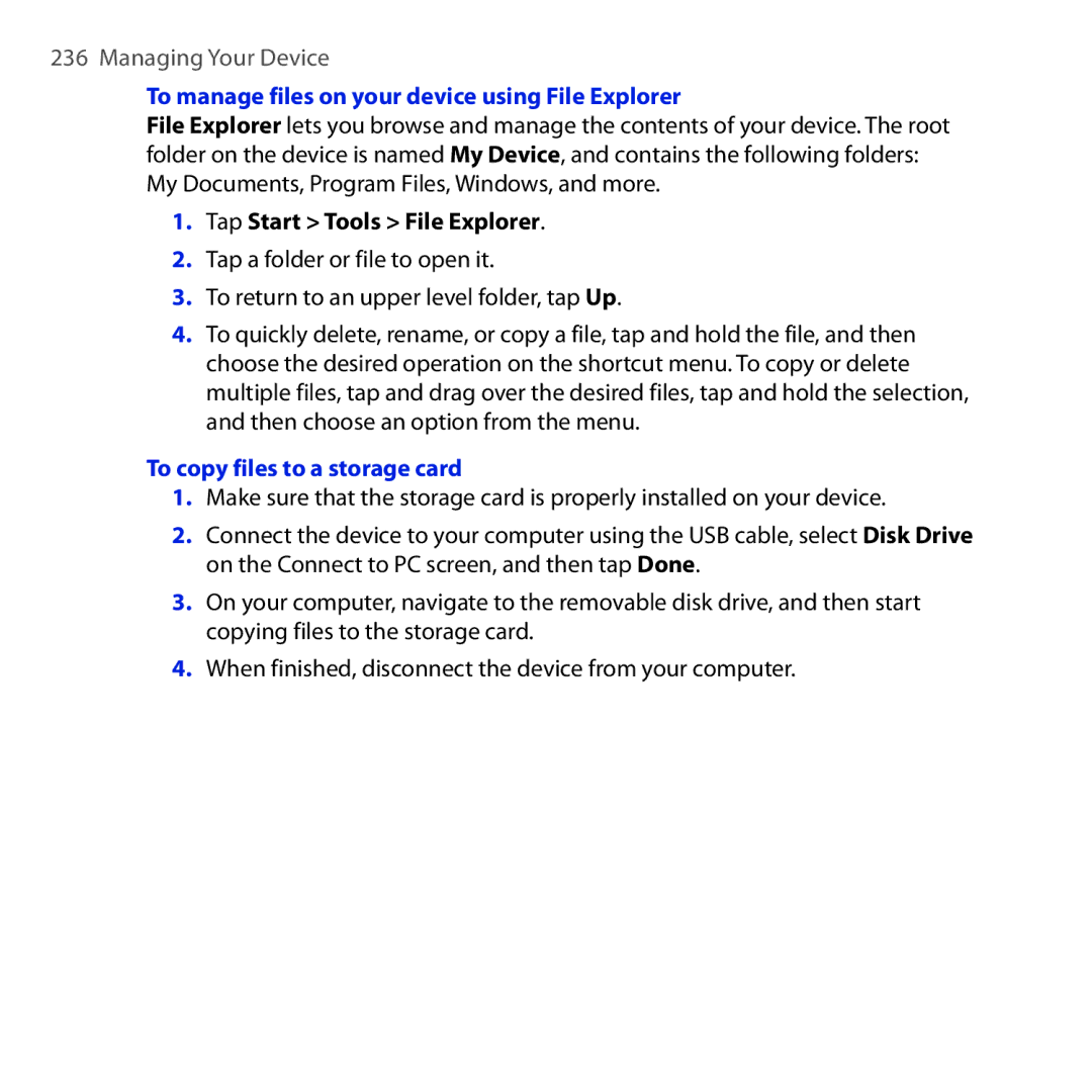 HTC NM8RHOD00, RHOD300, HTC Tilt 2 To manage files on your device using File Explorer, To copy files to a storage card 