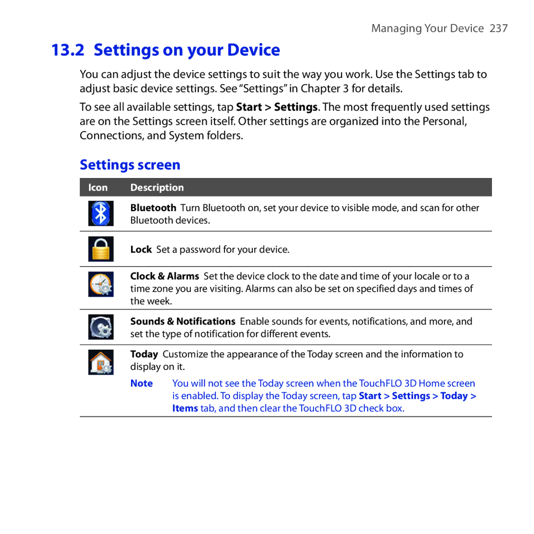 HTC RHOD300, HTC Tilt 2, NM8RHOD00 user manual Settings on your Device, Settings screen 