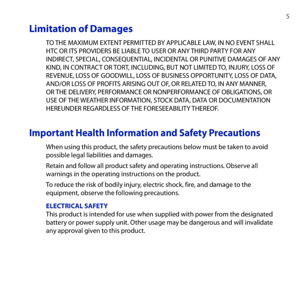 HTC NM8RHOD00, RHOD300, HTC Tilt 2 user manual Limitation of Damages, Important Health Information and Safety Precautions 