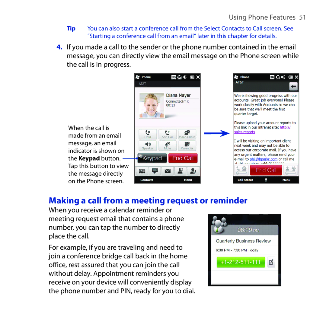 HTC RHOD300, HTC Tilt 2, NM8RHOD00 user manual Making a call from a meeting request or reminder 