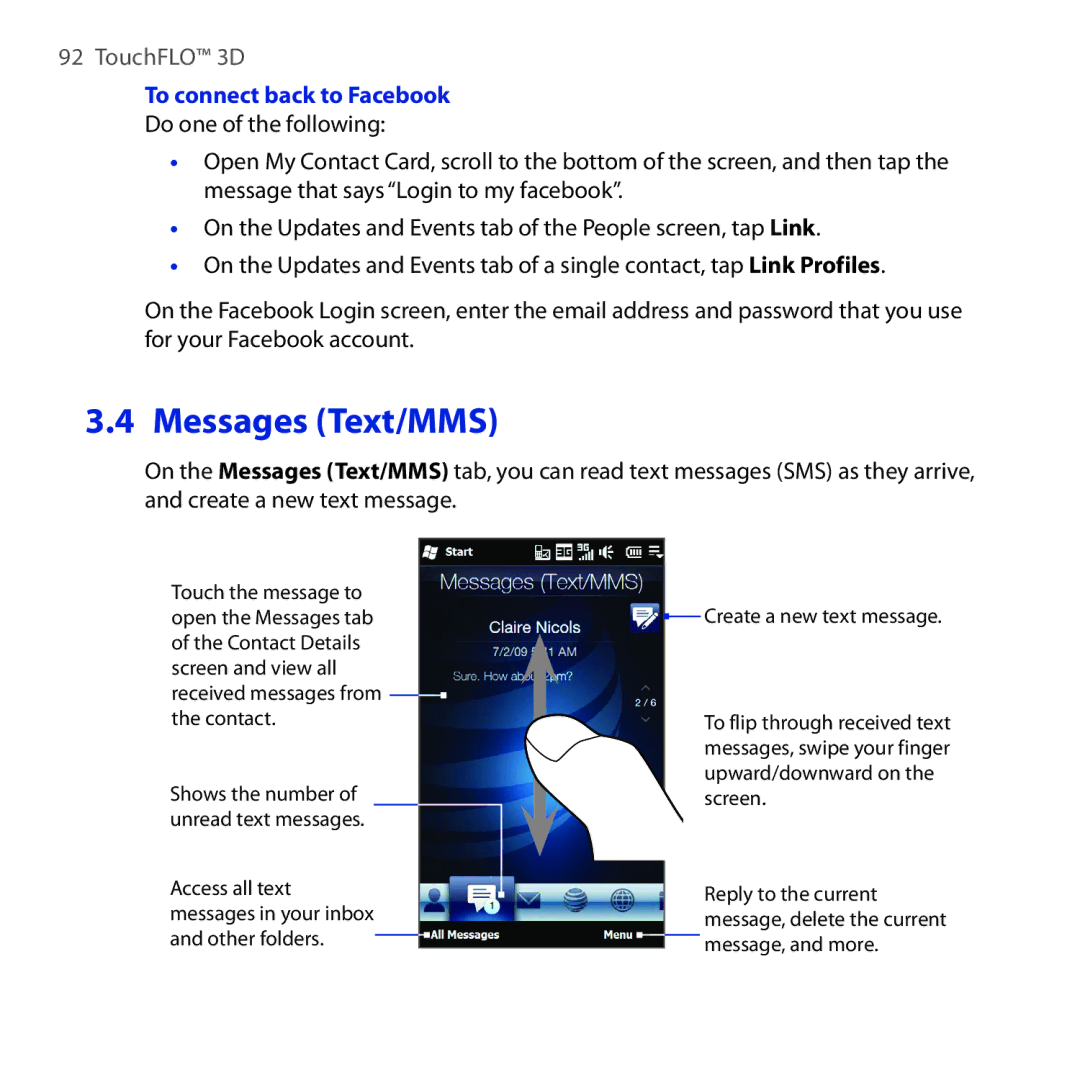 HTC NM8RHOD00, RHOD300, HTC Tilt 2 user manual Messages Text/MMS, To connect back to Facebook 