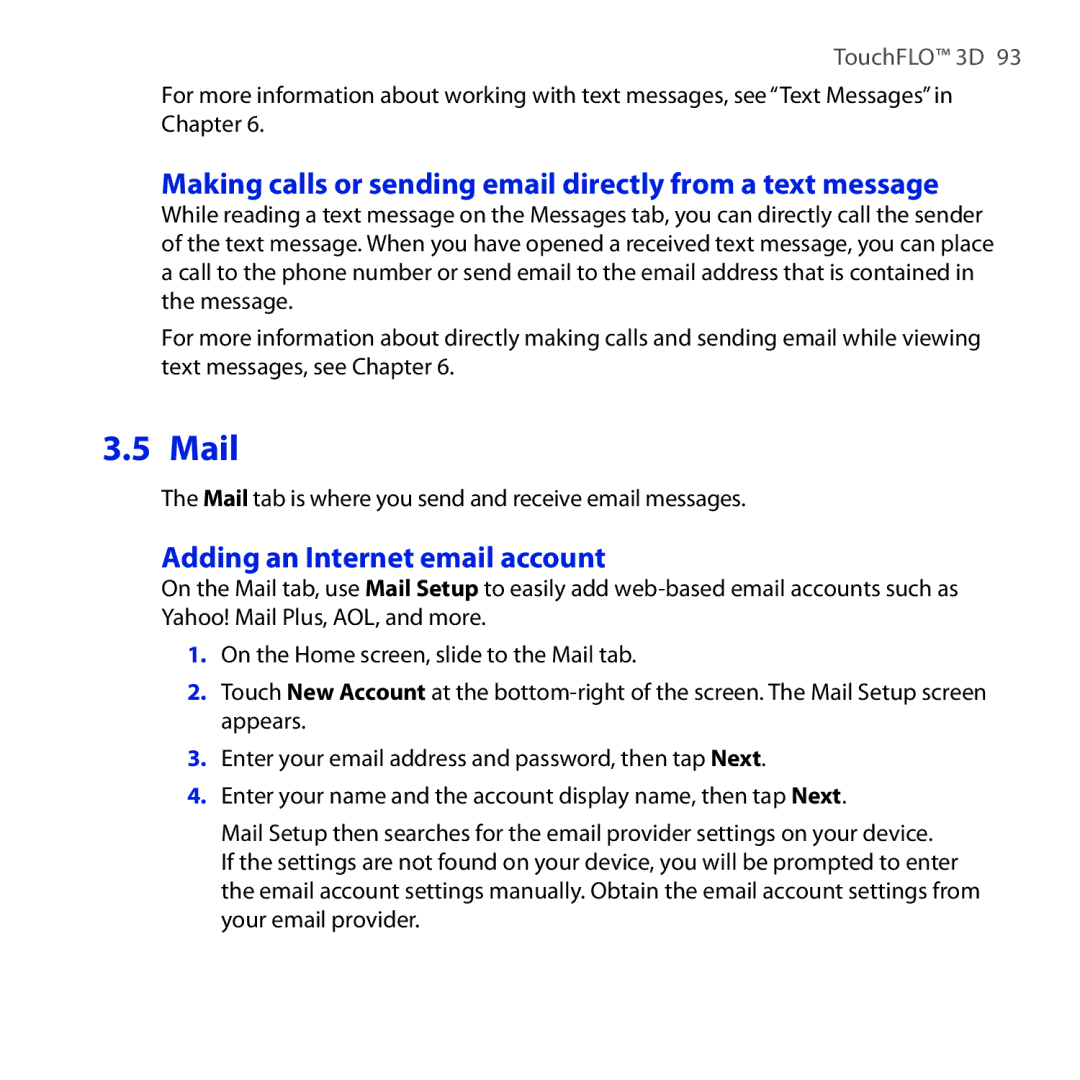 HTC RHOD300, HTC Tilt 2 Mail, Making calls or sending email directly from a text message, Adding an Internet email account 