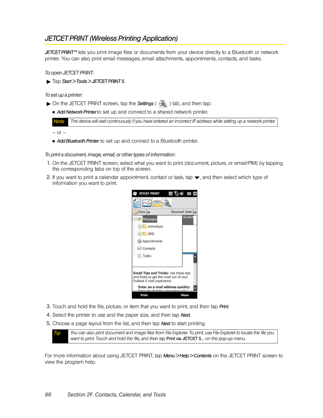 HTC RHOD400 manual Jetcet Print Wireless Printing Application, To open Jetcet Print,  Tap Start Tools Jetcet Print 