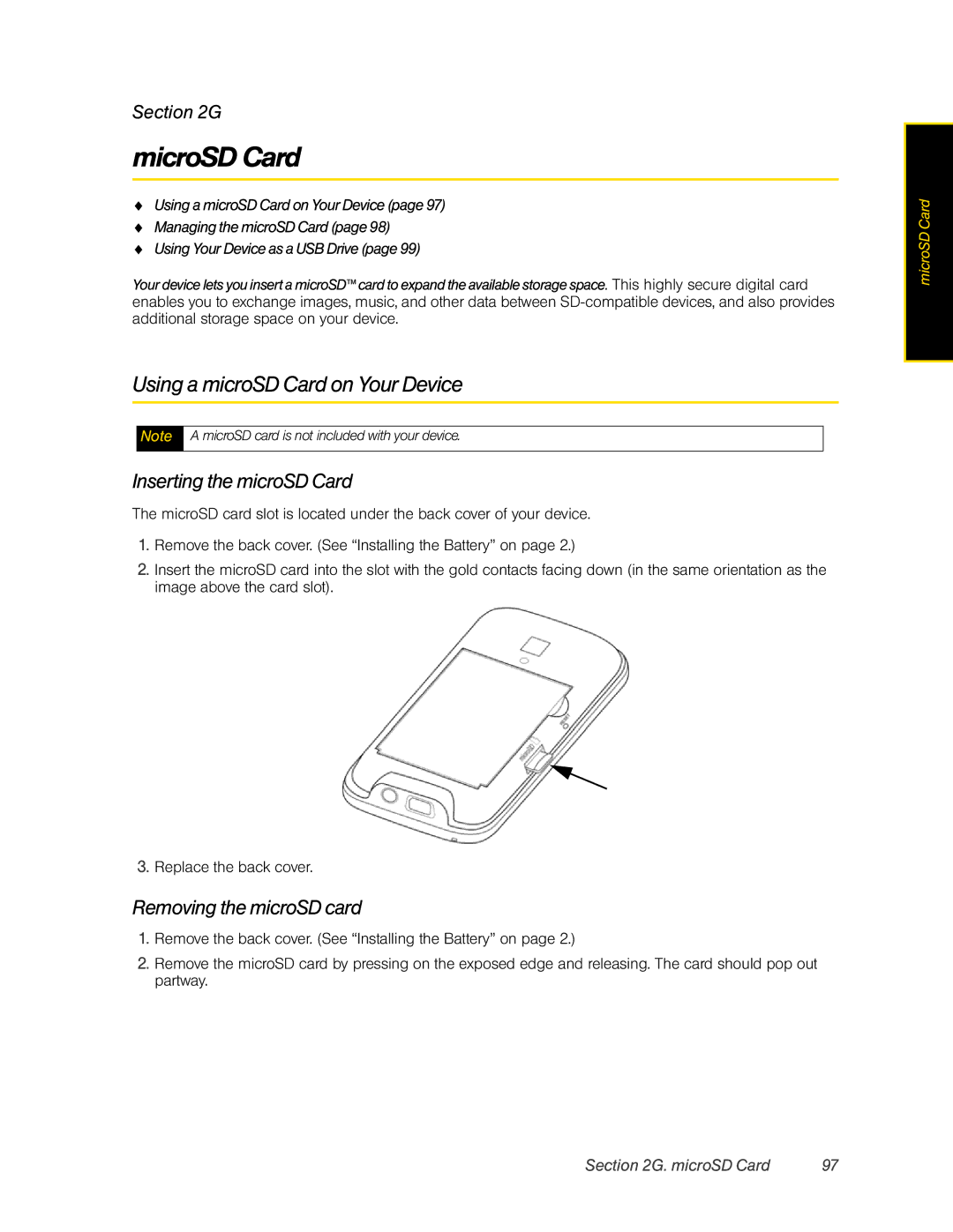 HTC RHOD400 manual MicroSD Card, Using a microSD Card on Your Device, Inserting the microSD Card, Removing the microSD card 