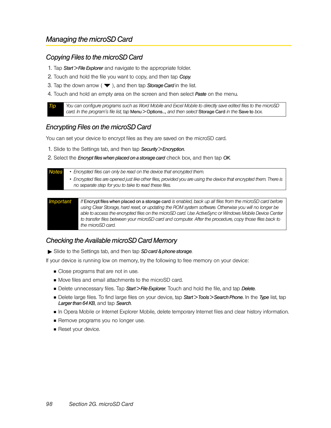HTC RHOD400 manual Managing the microSD Card, Copying Files to the microSD Card, Encrypting Files on the microSD Card 