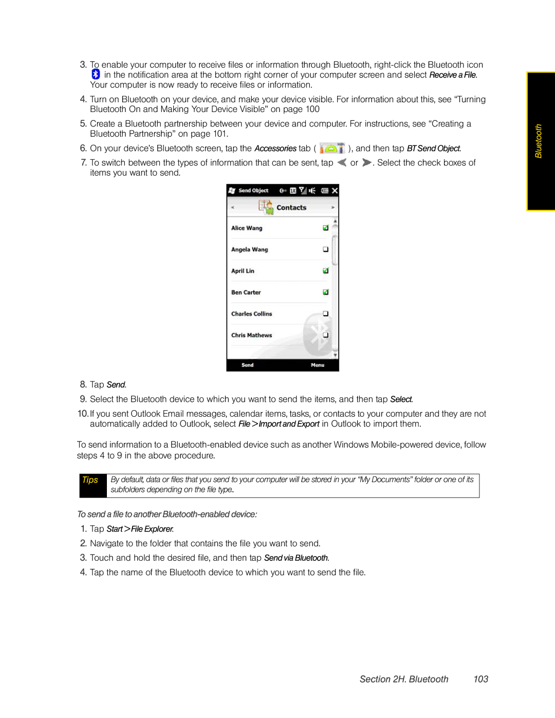 HTC RHOD400 manual Bluetooth 103, To send a file to another Bluetooth-enabled device, Tap Start File Explorer 