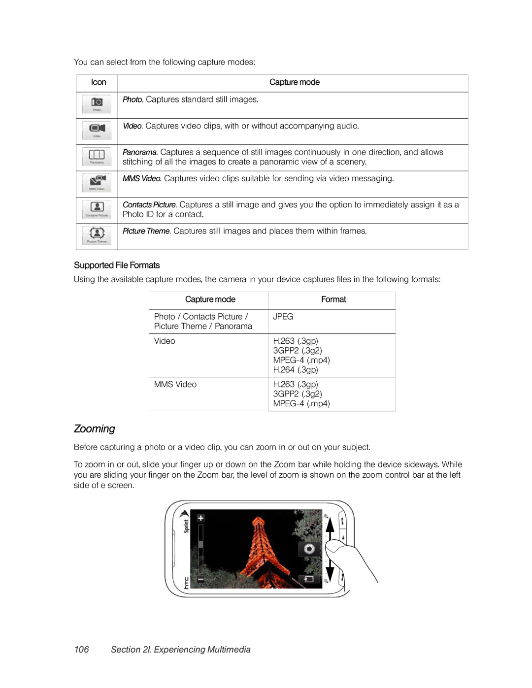 HTC RHOD400 manual Zooming, Supported File Formats, Experiencing Multimedia 