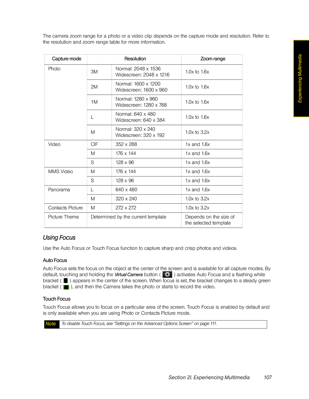 HTC RHOD400 manual Using Focus, Auto Focus, Touch Focus, Experiencing Multimedia 107 