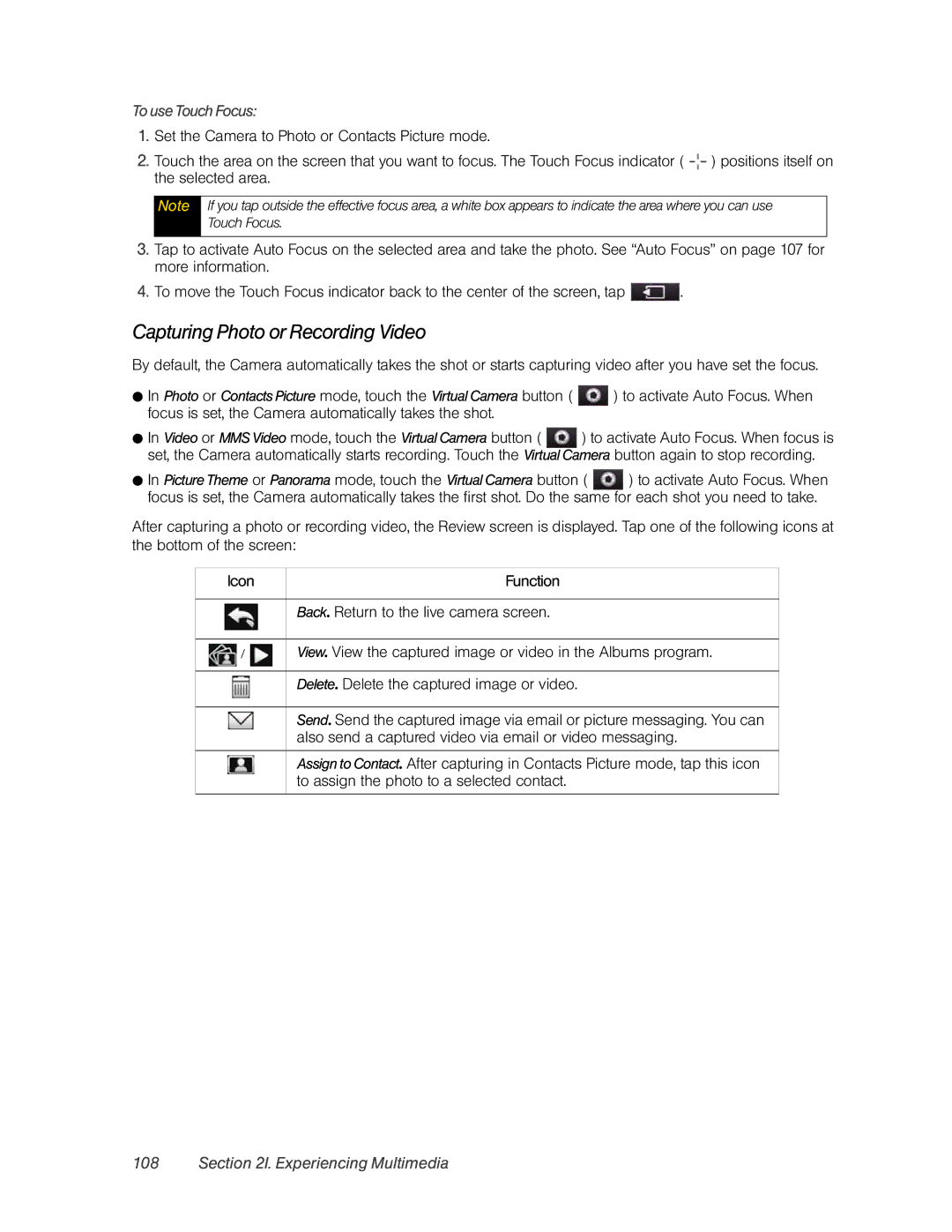 HTC RHOD400 manual Capturing Photo or Recording Video, To use Touch Focus, Delete . Delete the captured image or video 