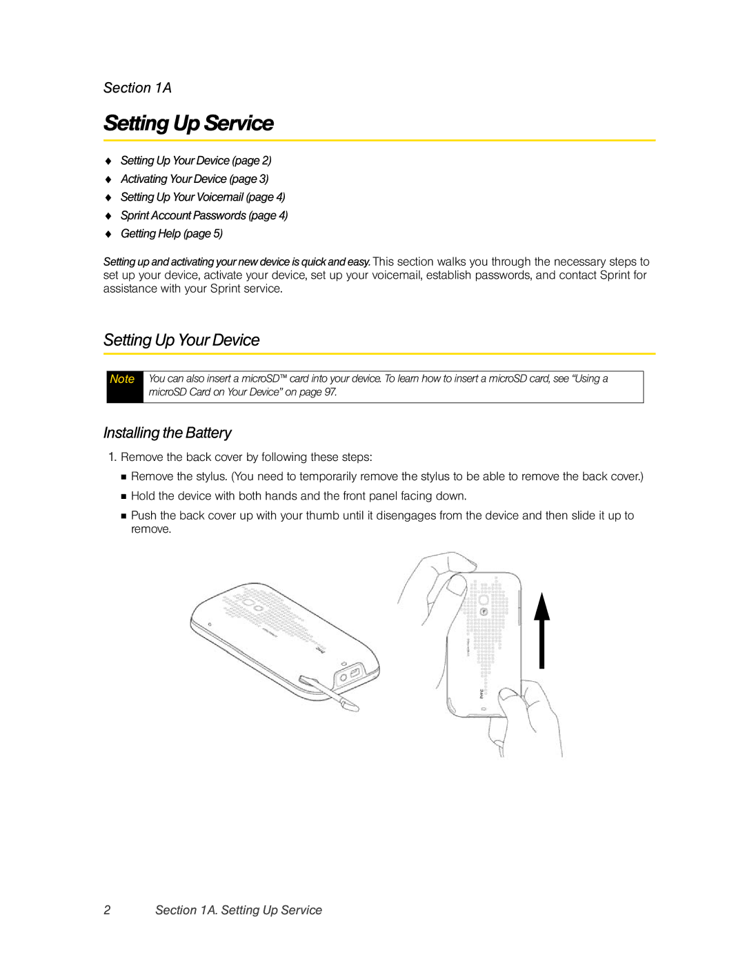 HTC RHOD400 manual Setting Up Service, Setting Up Your Device, Installing the Battery 