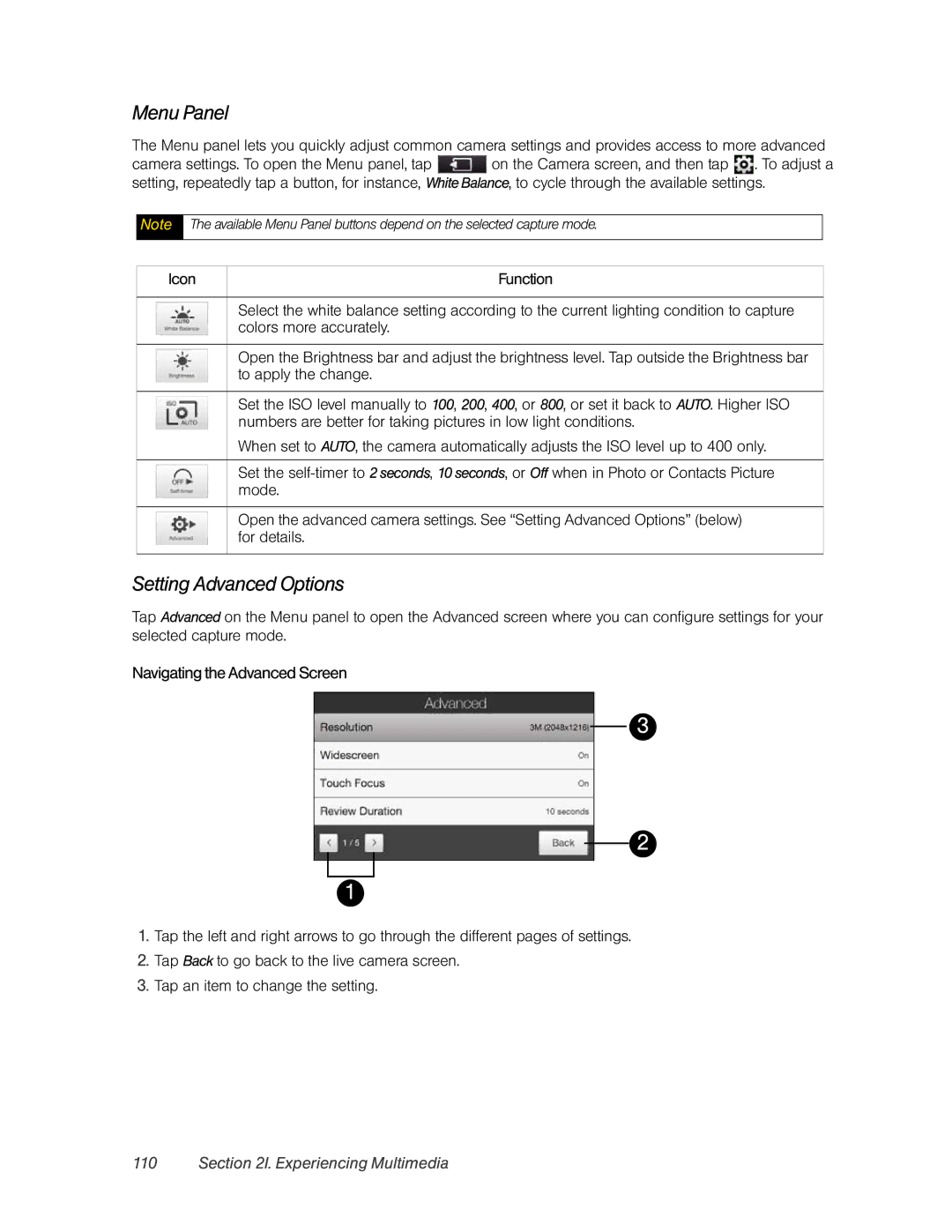 HTC RHOD400 manual Menu Panel, Setting Advanced Options, Navigating the Advanced Screen 