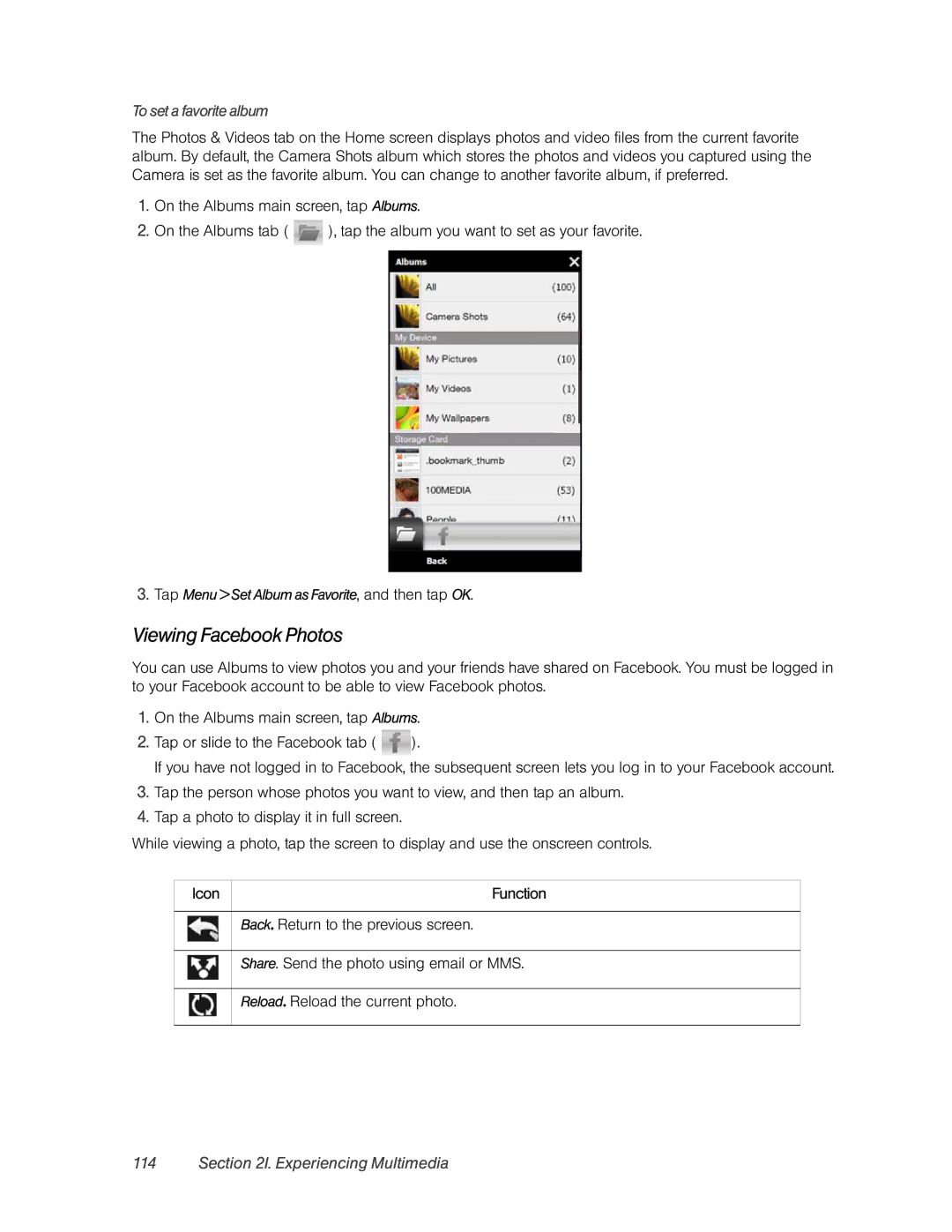 HTC RHOD400 manual Viewing Facebook Photos, To set a favorite album, Tap Menu Set Album as Favorite, and then tap OK 
