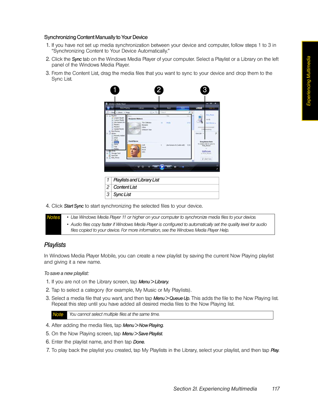 HTC RHOD400 manual Synchronizing Content Manually to Your Device, Experiencing Multimedia 117, To save a new playlist 