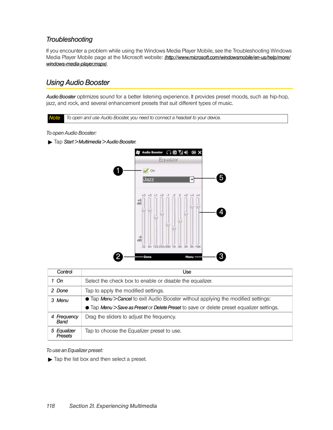 HTC RHOD400 manual Using Audio Booster, Troubleshooting, To open Audio Booster, To use an Equalizer preset 