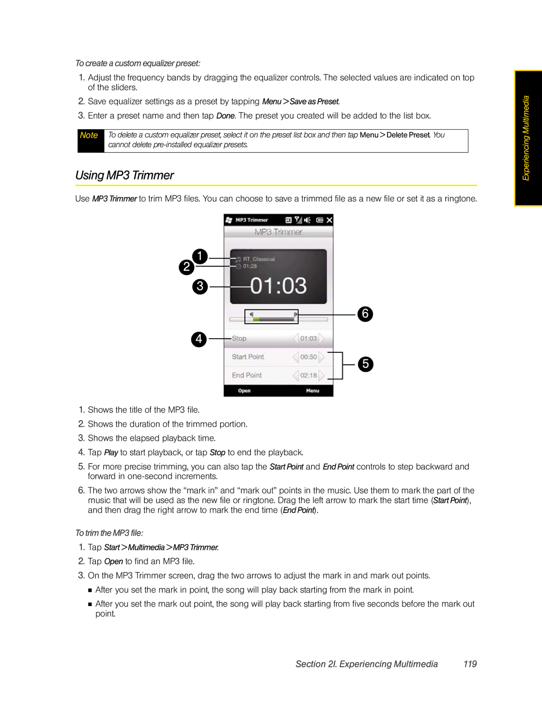 HTC RHOD400 Using MP3 Trimmer, Experiencing Multimedia 119, To create a custom equalizer preset, To trim the MP3 file 