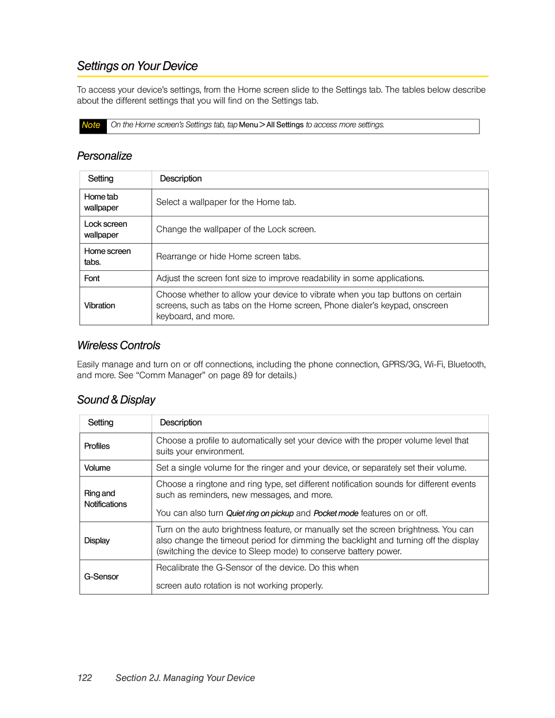 HTC RHOD400 manual Settings on Your Device, Personalize, Wireless Controls, Sound & Display, Managing Your Device 