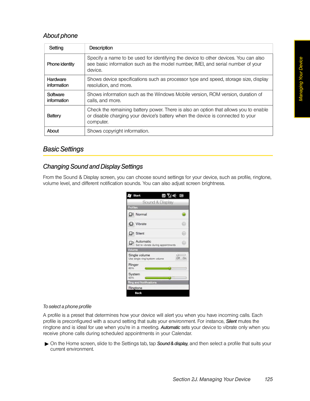 HTC RHOD400 manual Basic Settings, About phone, Changing Sound and Display Settings, Managing Your Device 125 