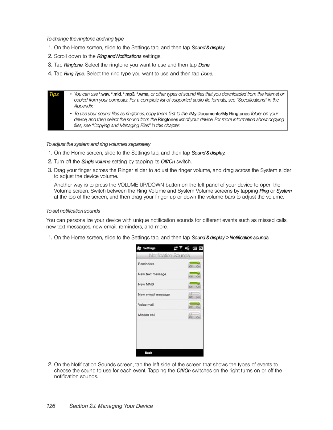 HTC RHOD400 manual To change the ringtone and ring type, To set notification sounds 