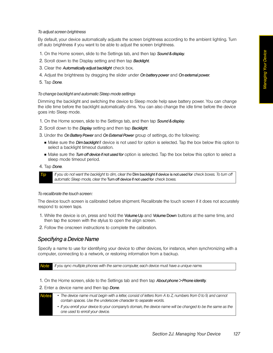 HTC RHOD400 manual Specifying a Device Name, Managing Your Device 127, To adjust screen brightness 