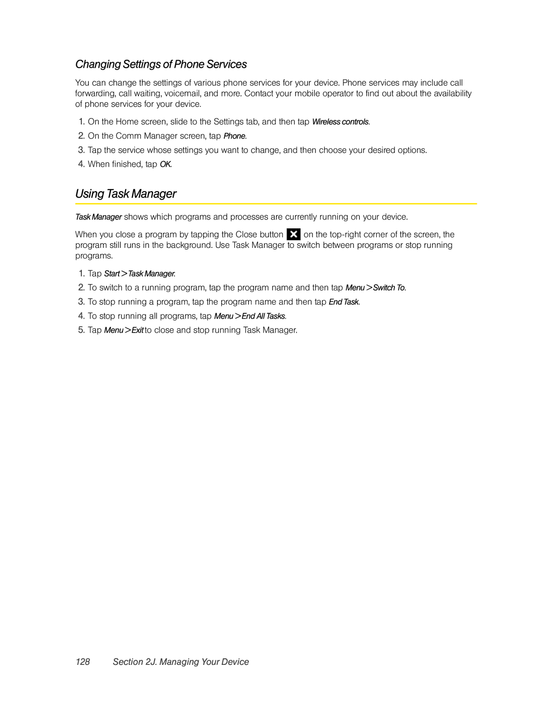 HTC RHOD400 manual Using Task Manager, Changing Settings of Phone Services, Tap Start Task Manager 