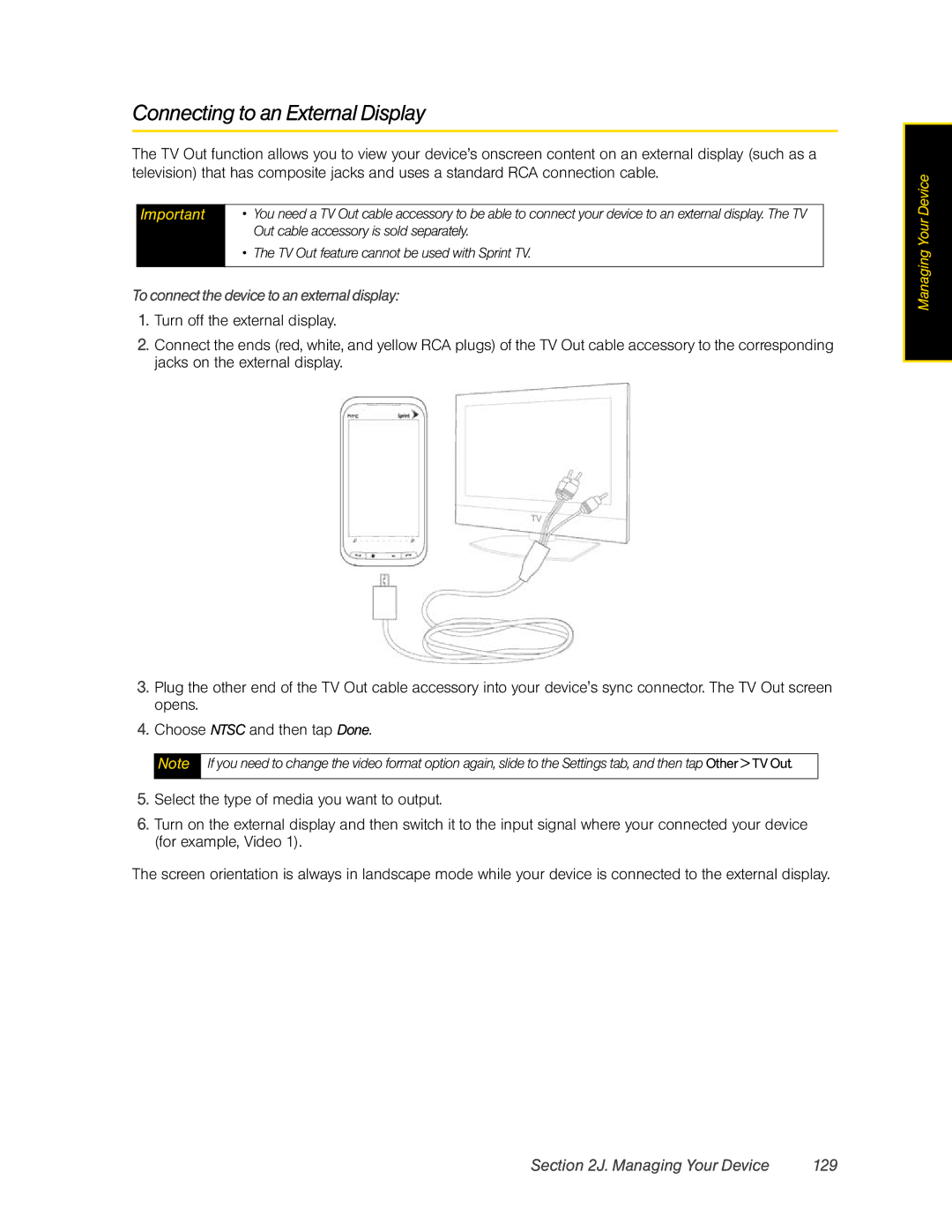 HTC RHOD400 Connecting to an External Display, Managing Your Device 129, To connect the device to an external display 