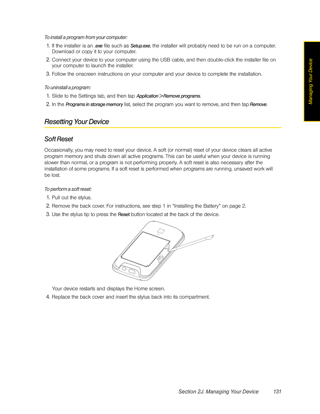 HTC RHOD400 manual Resetting Your Device, Soft Reset, Managing Your Device 131 