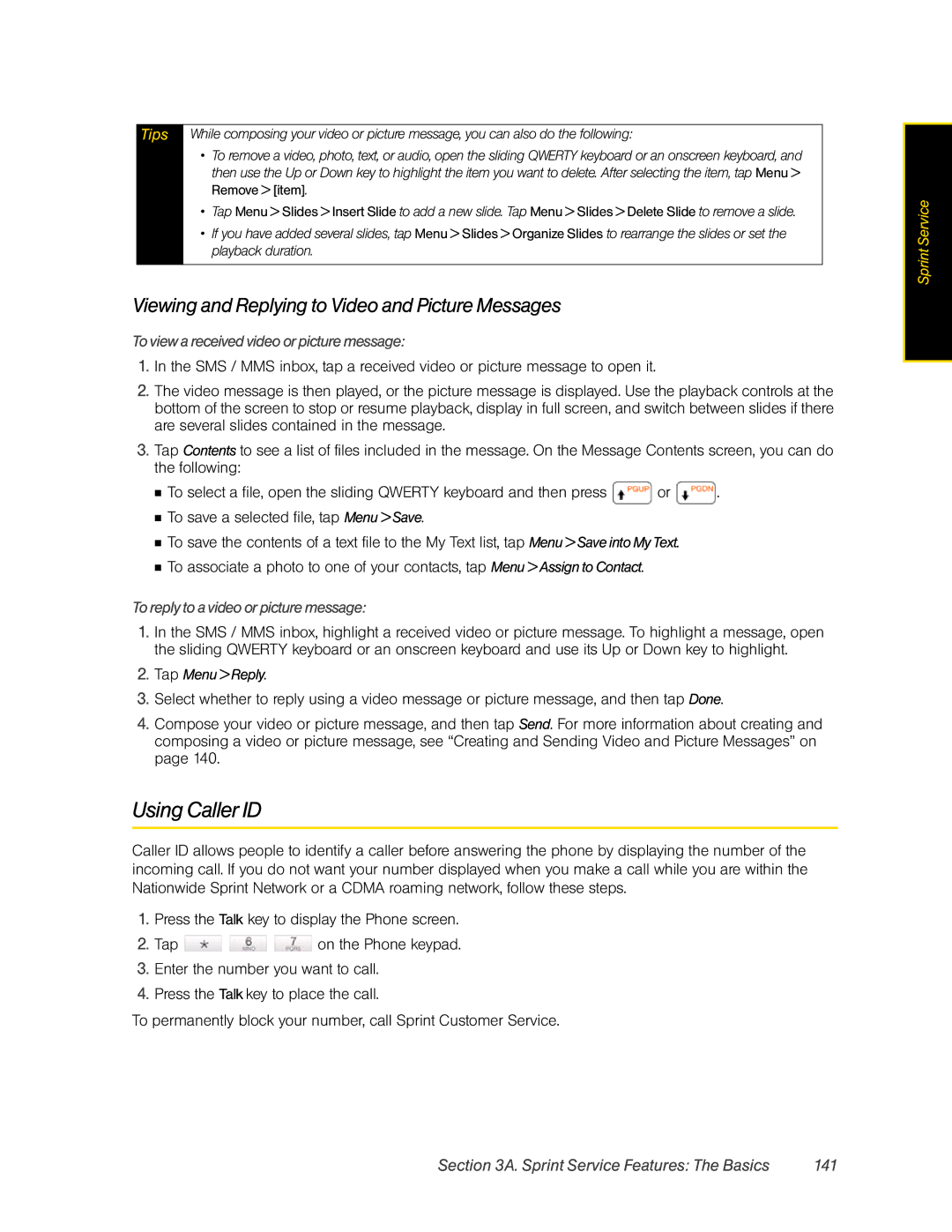 HTC RHOD400 Using Caller ID, Viewing and Replying to Video and Picture Messages, Sprint Service Features The Basics 141 