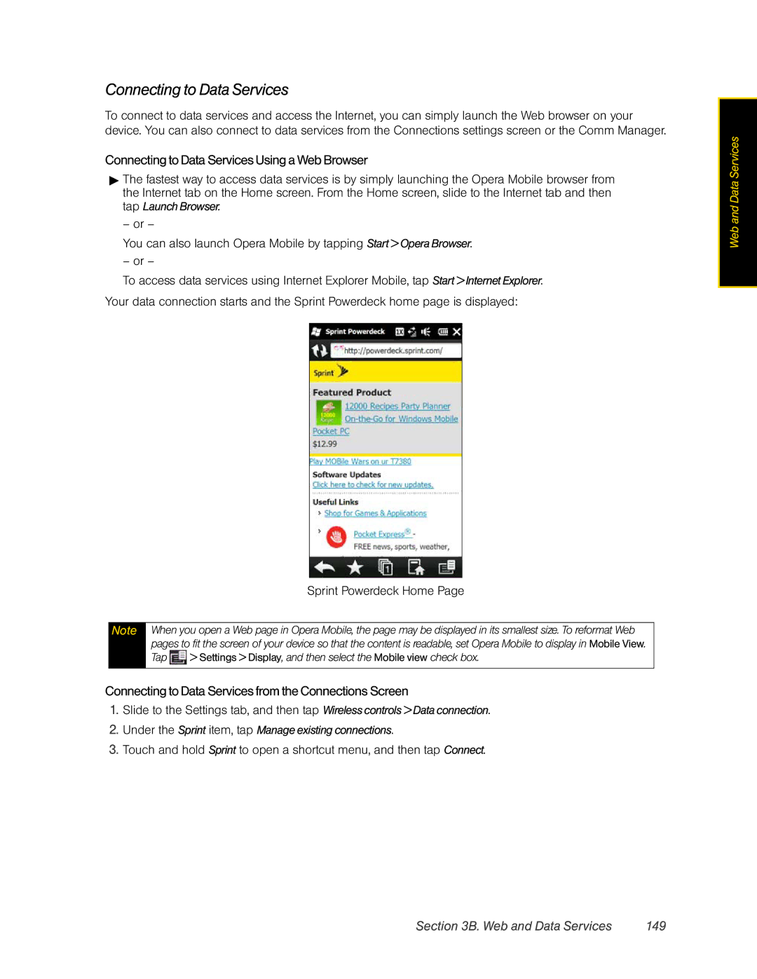 HTC RHOD400 Connecting to Data Services Using a Web Browser, Connecting to Data Services from the Connections Screen 