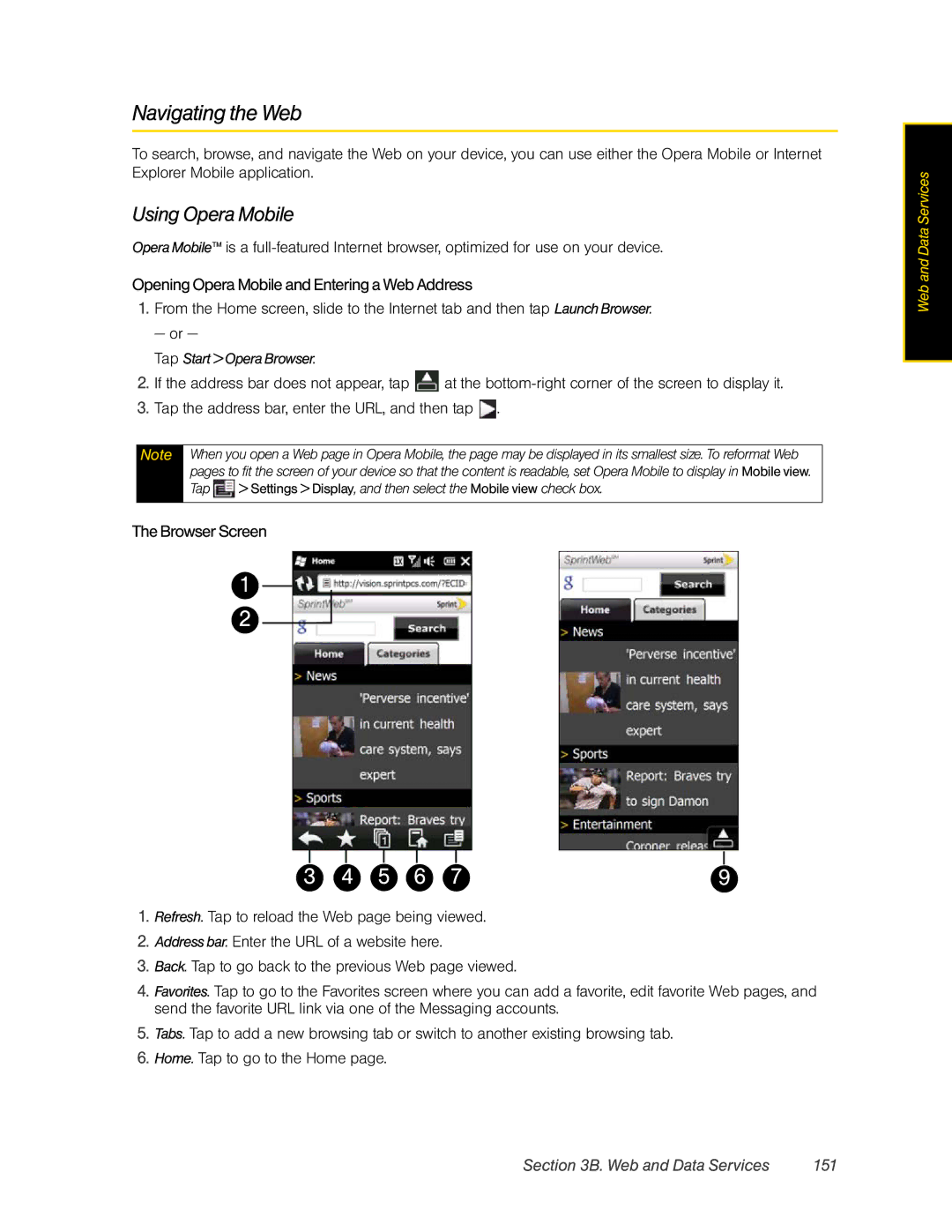 HTC RHOD400 manual Navigating the Web, Using Opera Mobile, Opening Opera Mobile and Entering a Web Address, Browser Screen 