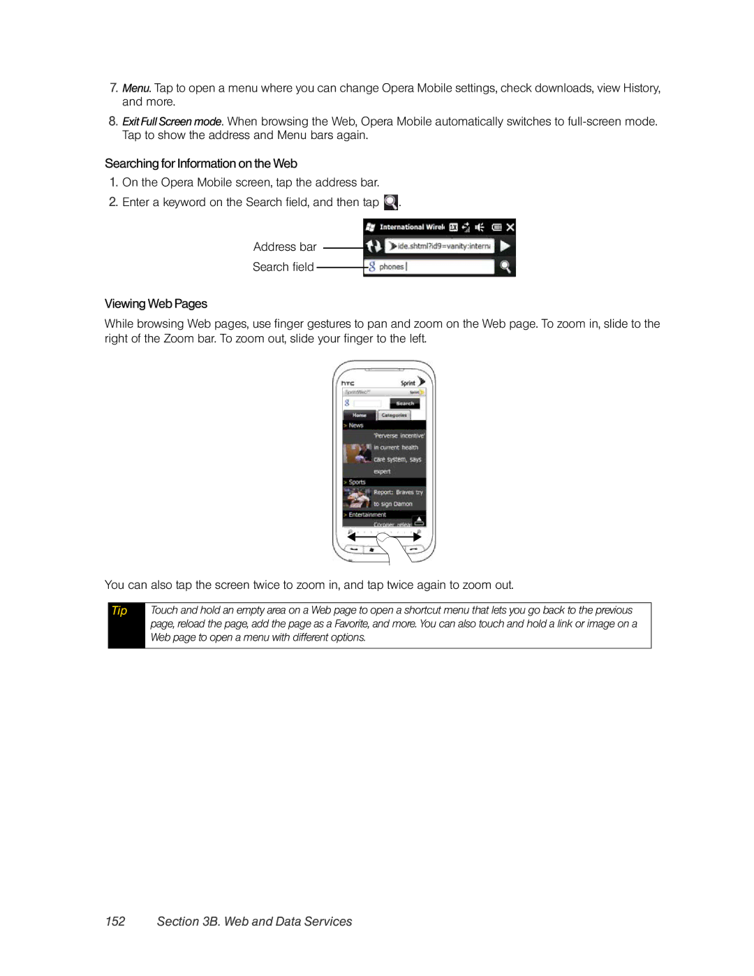 HTC RHOD400 manual Searching for Information on the Web, Viewing Web Pages 