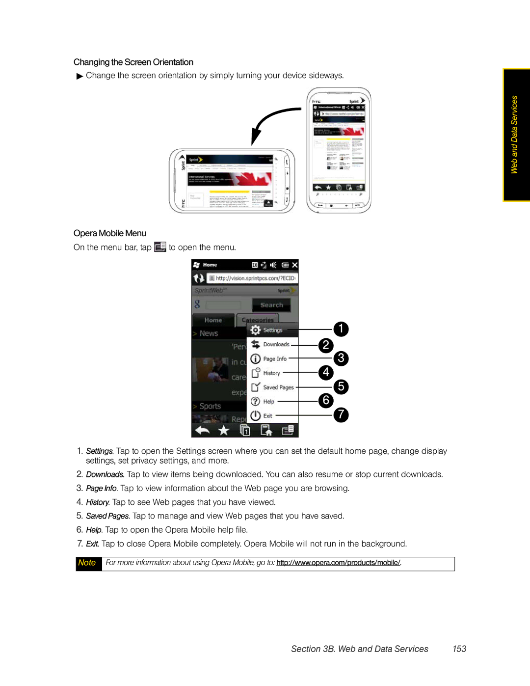 HTC RHOD400 manual Changing the Screen Orientation, Opera Mobile Menu, Web and Data Services 153 