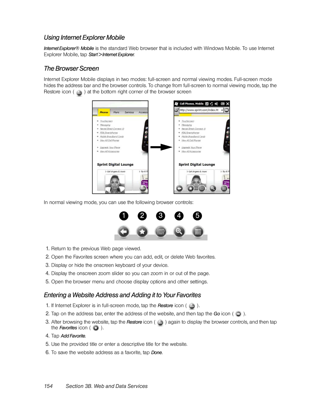 HTC RHOD400 Using Internet Explorer Mobile, Browser Screen, Entering a Website Address and Adding it to Your Favorites 