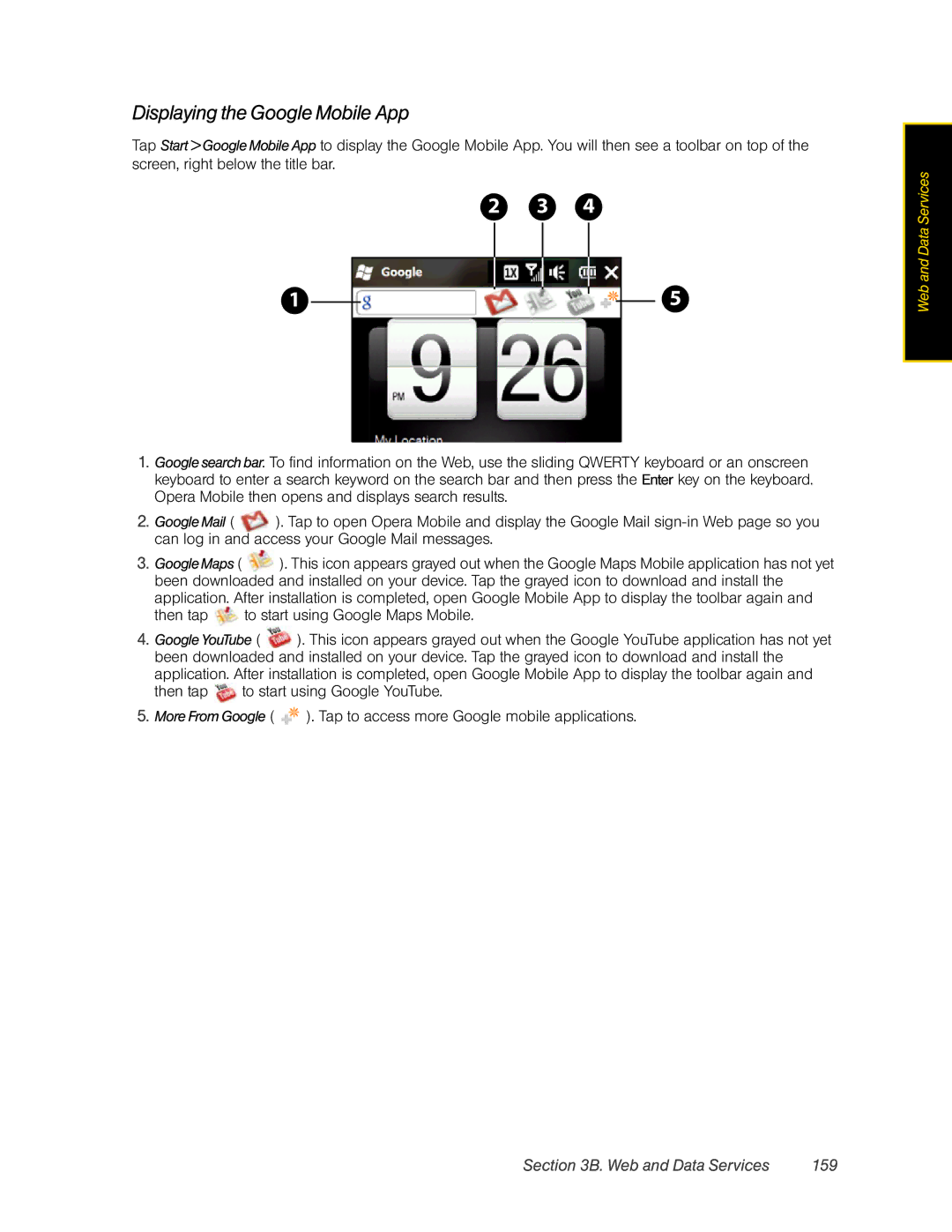 HTC RHOD400 manual Displaying the Google Mobile App, Web and Data Services 159 