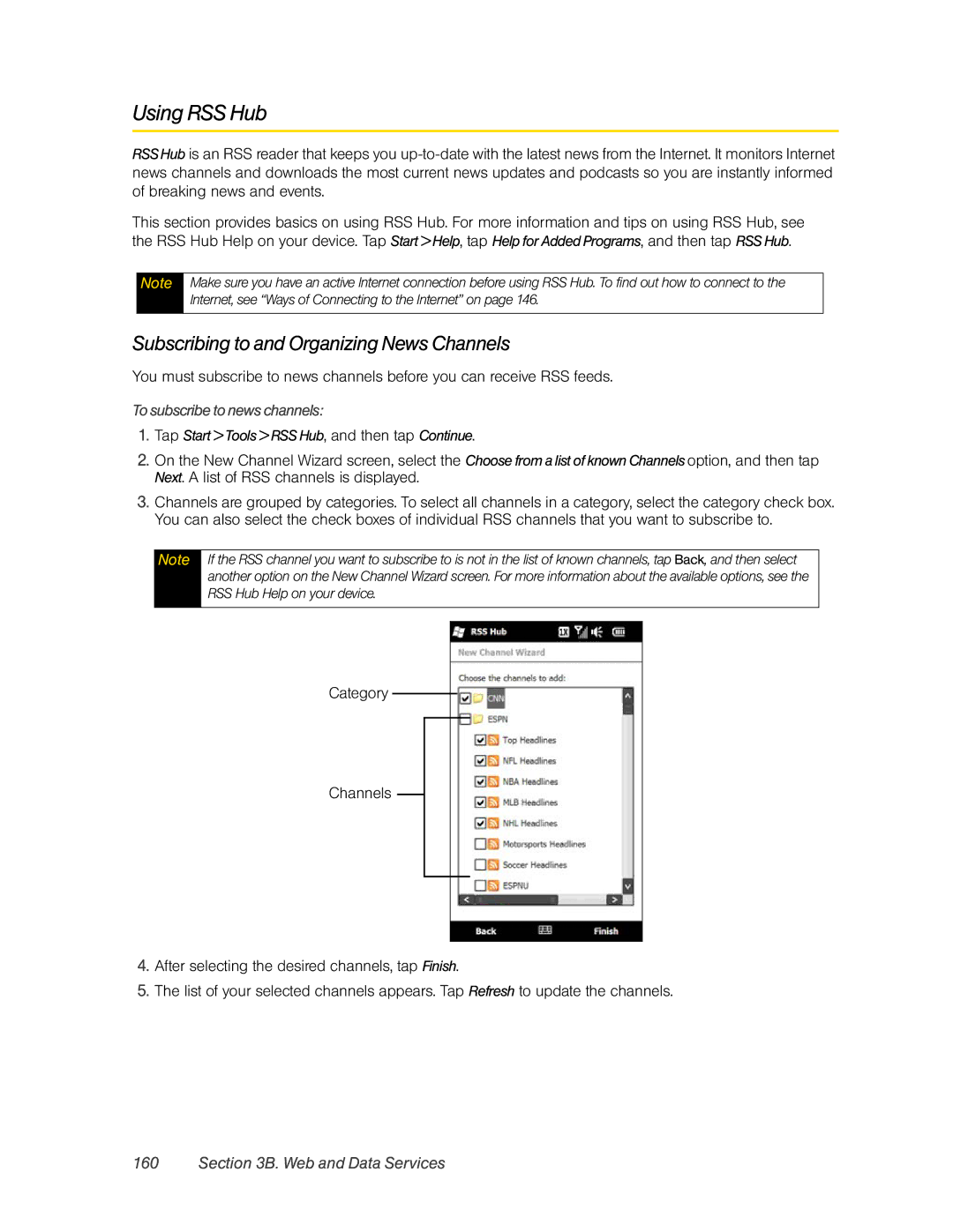 HTC RHOD400 manual Using RSS Hub, Subscribing to and Organizing News Channels, To subscribe to news channels 