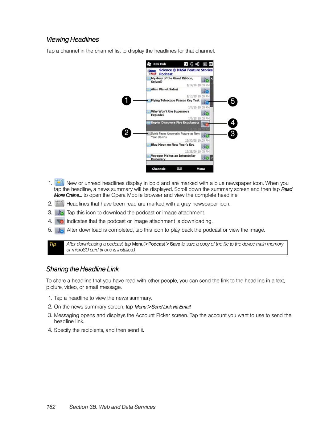 HTC RHOD400 manual Viewing Headlines, Sharing the Headline Link 