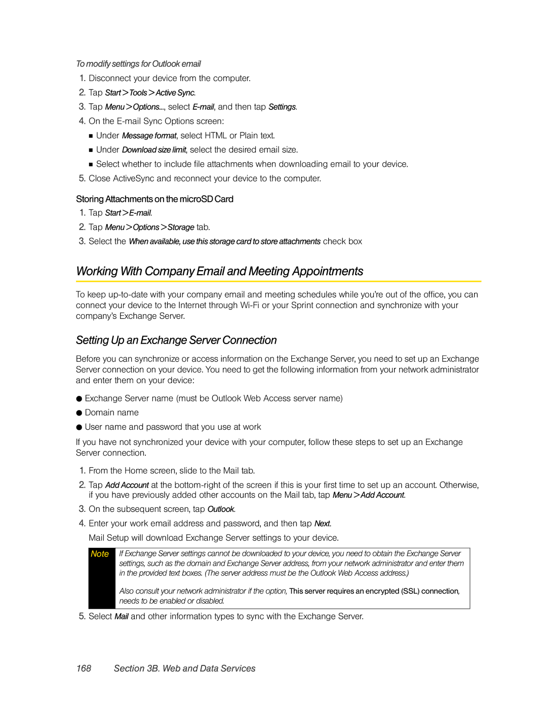 HTC RHOD400 manual Working With Company Email and Meeting Appointments, Setting Up an Exchange Server Connection 