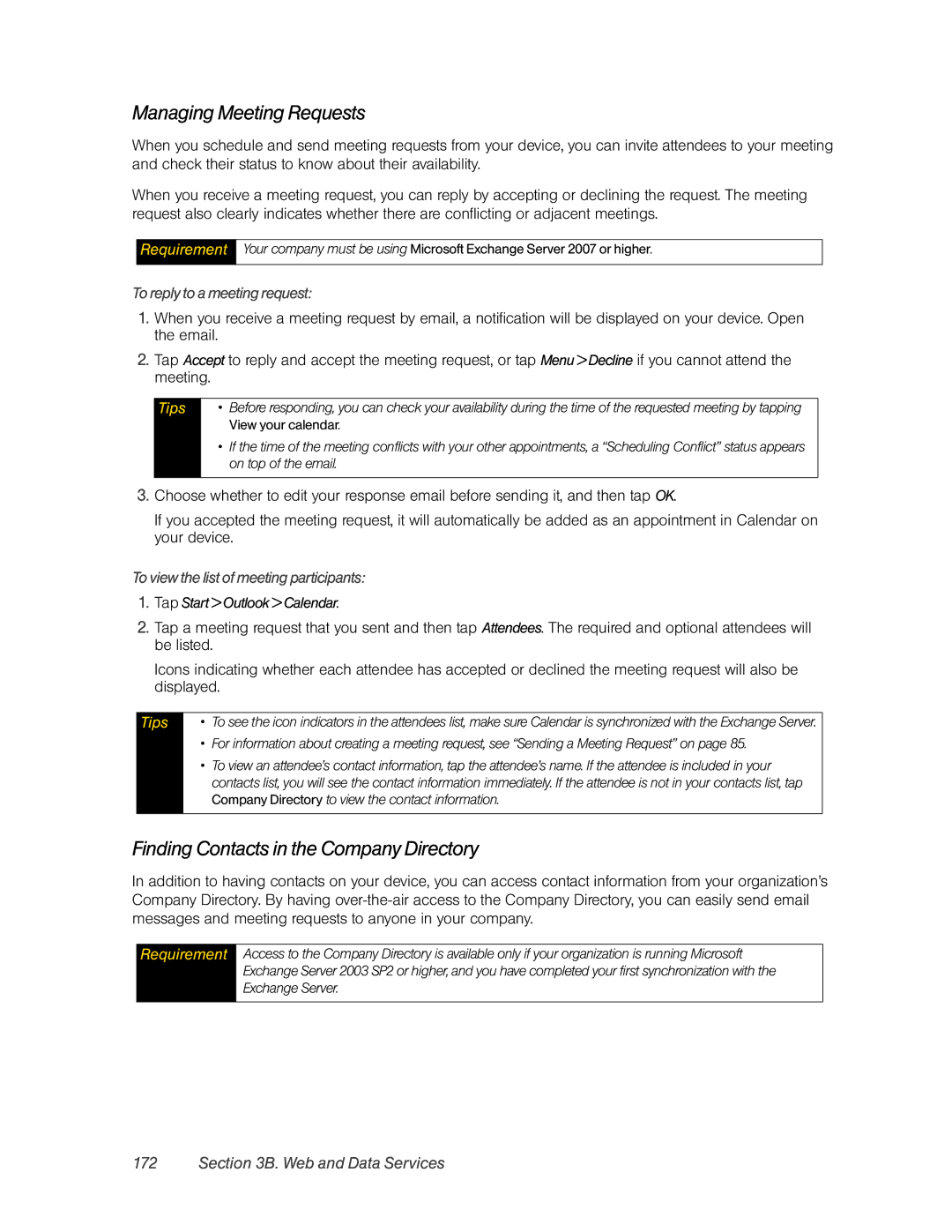 HTC RHOD400 manual Managing Meeting Requests, Finding Contacts in the Company Directory, To reply to a meeting request 