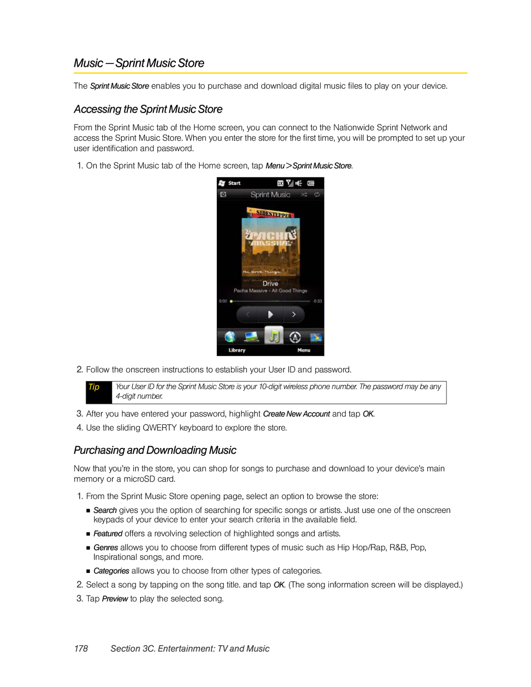 HTC RHOD400 manual Music Sprint Music Store, Accessing the Sprint Music Store, Purchasing and Downloading Music 
